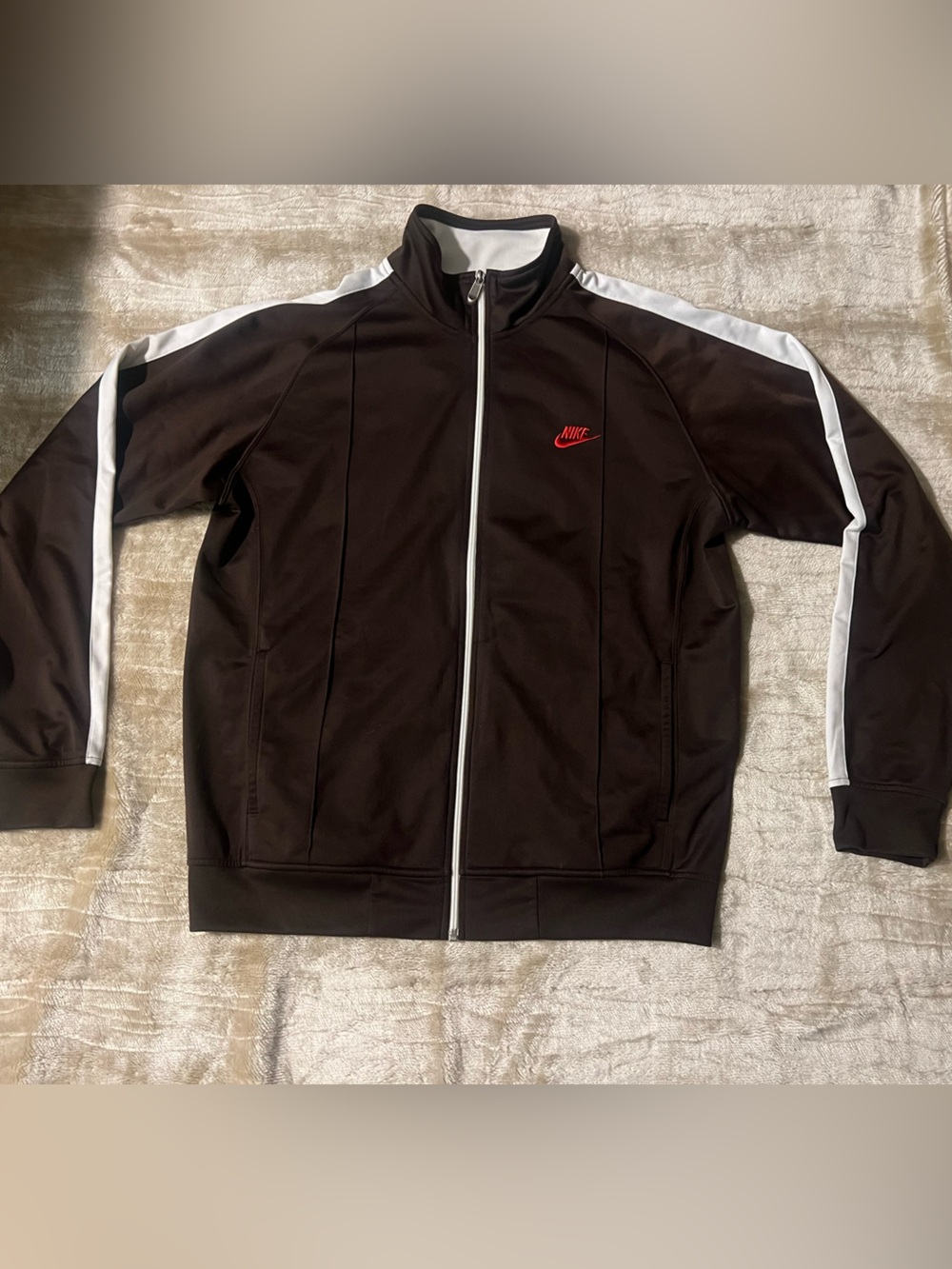 Nike Black Track Jacket with White Sleeve Stripe and Red Logo